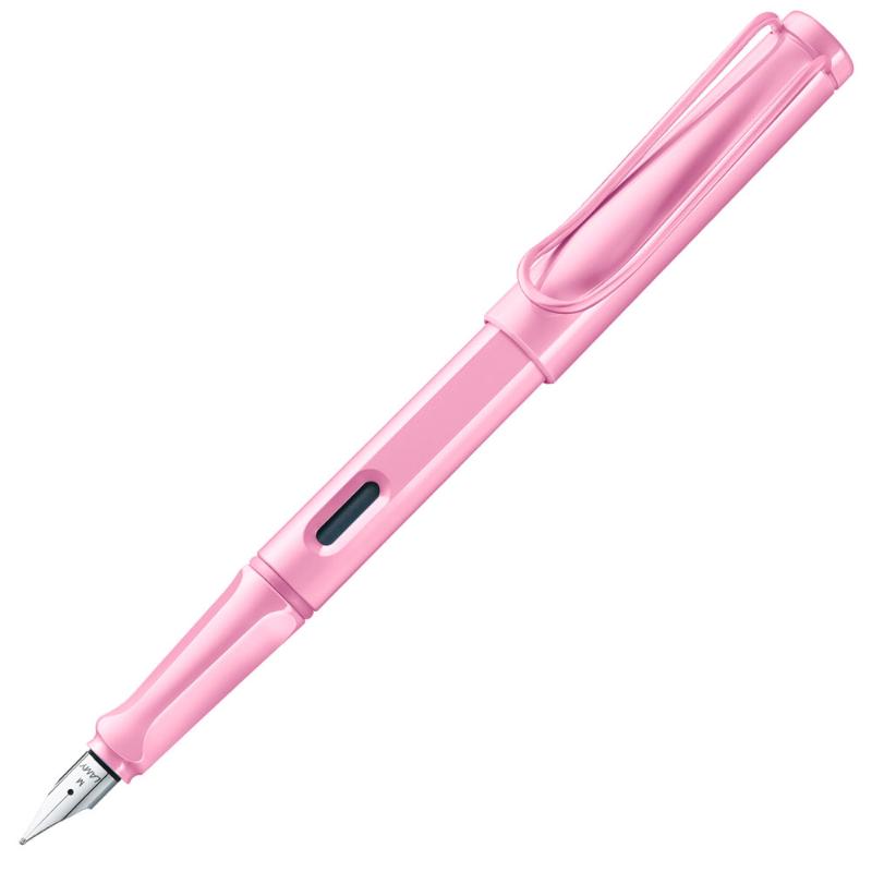 Light rose Lamy Safari fountain pen with ergonomic grip, polished steel nib, and stylish design for comfortable writing.