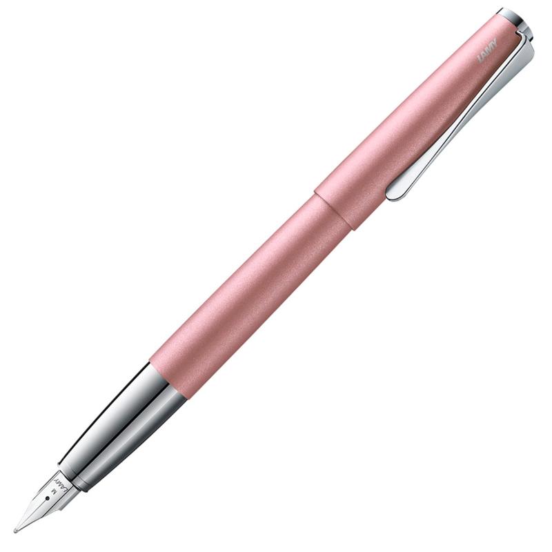 Lamy Studio LE fountain pen in rose matt finish, featuring polished steel nib and unique propeller-shaped clip.