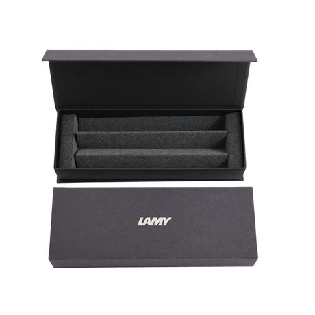 Lamy Premium Gift Box Black featuring a fountain pen, rollerball pen, and elegant notebook in a luxurious black box.