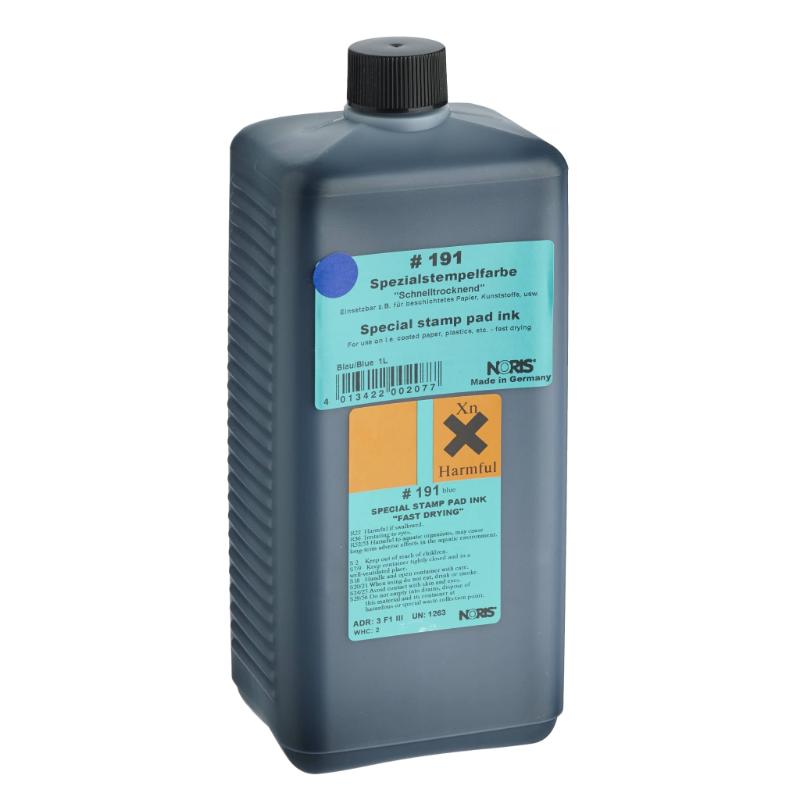 Noris #191 Quick-Dry Pad Ink in blue, 1 litre, quick-drying for smudge-free stamping on paper and cardboard.