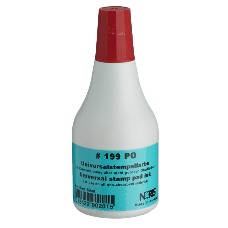 Noris #199 Universal Pad Ink in vibrant red, 50ml, ideal for stamping on various surfaces with quick drying time.
