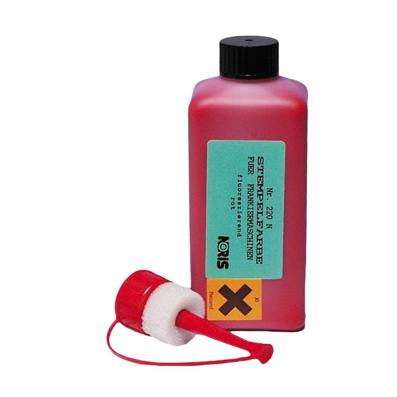 Noris #220 red franking machine ink in a 250ml bottle, designed for vibrant, clear prints and reliable performance.