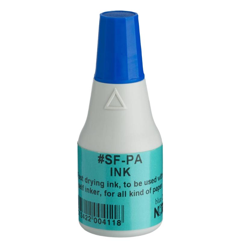 Noris Quick-Dry Ink 25ml SFPA Blue, vibrant blue ink with quick-drying formula for self-inking use, ideal for professionals and artists.