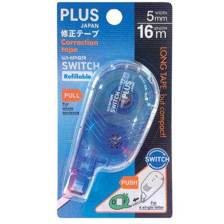 Plus Switch Long Correction Tape 5mm x 16m, featuring a mini-roller for smooth, clean corrections, perfect for all users.