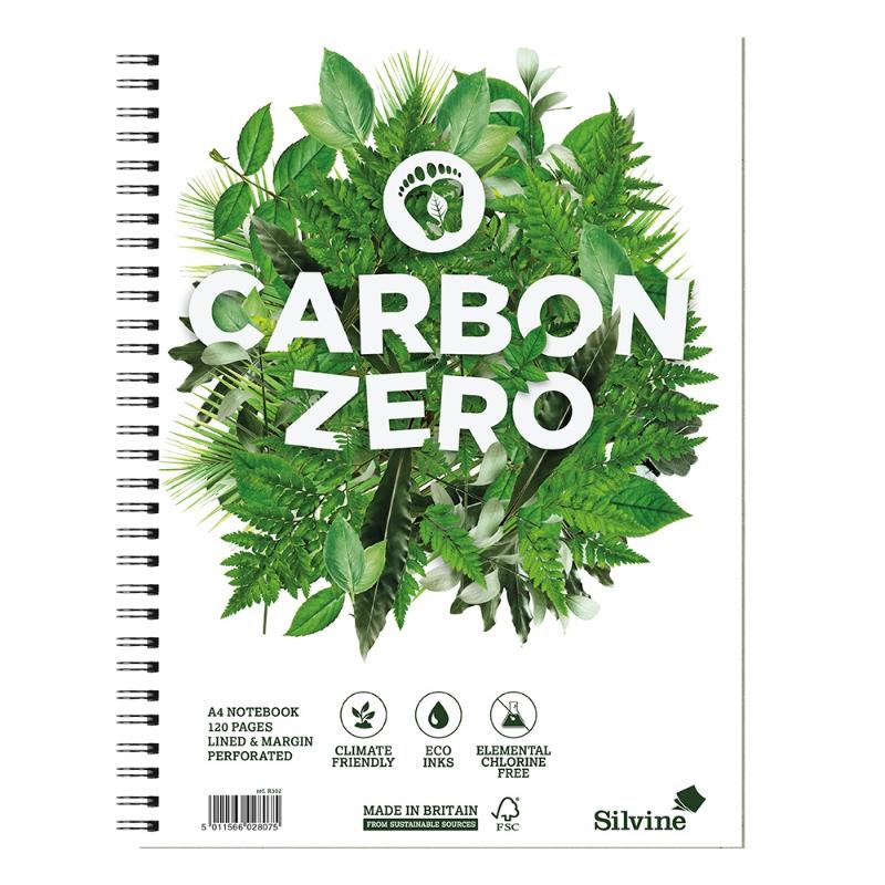 Silvine Carbon Zero A4+ twin wire notebook with 120 ruled pages, eco-friendly paper, and perforated edges for easy tear-out.