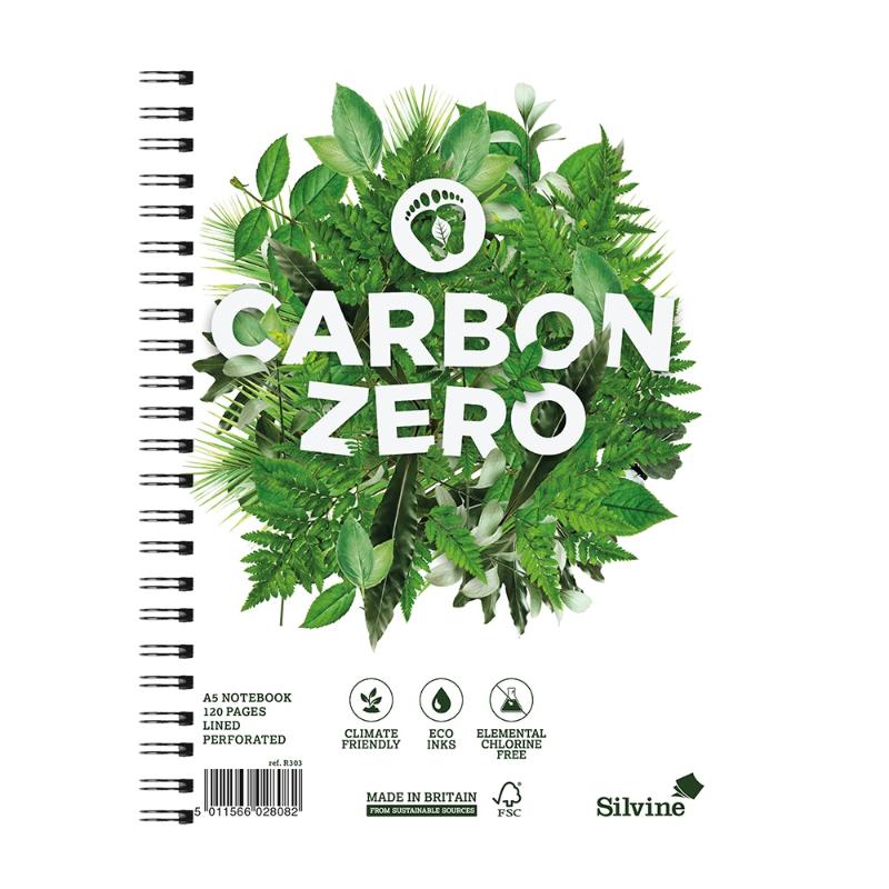 Silvine Carbon Zero A5+ notebook with 120 ruled pages, twin wire binding, and eco-friendly CO2 neutral paper.