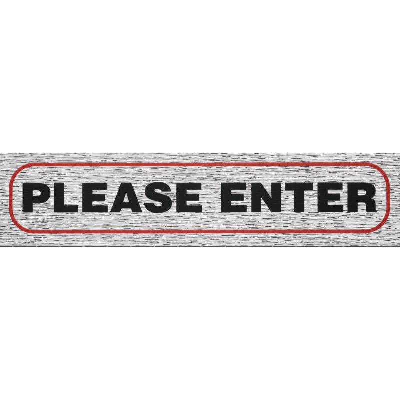 Self-adhesive brushed aluminum sign saying 'Please Enter', ideal for businesses and homes, durable for indoor or outdoor use.