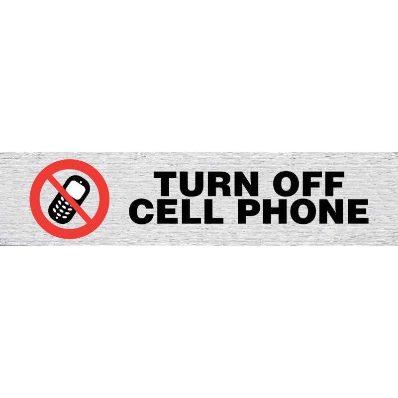Self-adhesive sign promoting distraction-free environments by reminding to turn off cell phones, made of durable brushed aluminium.