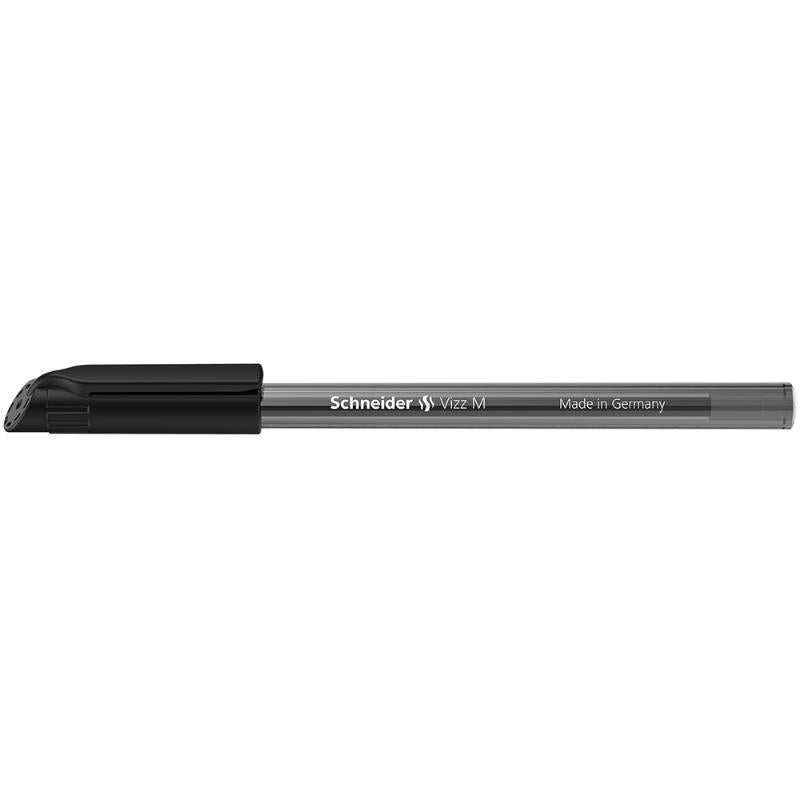 Schneider Vizz Medium Black ballpoint pen with a transparent barrel, wear-resistant tip, and eco-friendly design.