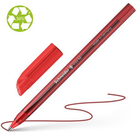 Vibrant red Schneider Ballpoint Pen Vizz, featuring smooth Gelco® technology and made from 94% recycled plastic.