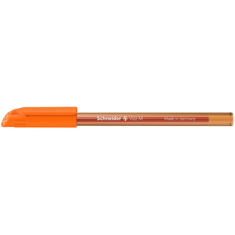 Vibrant orange Schneider Vizz ballpoint pen with Gelco technology for smooth writing, featuring a transparent barrel and eco-friendly design.