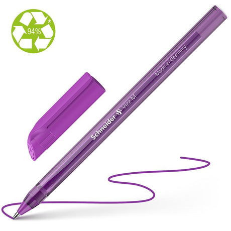Schneider Vizz Medium Violet ballpoint pen with smooth writing, stainless steel tip, and eco-friendly 94% recycled plastic body.