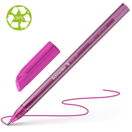 Schneider Vizz Medium Ballpoint Pen in vibrant pink with ergonomic design and 94% recycled plastic body for eco-friendly writing.