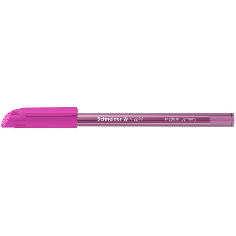 Schneider Vizz Medium Ballpoint Pen in vibrant pink, featuring a transparent body and eco-friendly design for smooth writing.
