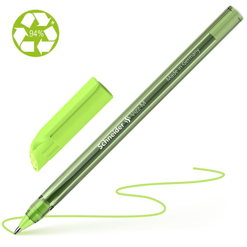 Schneider Vizz Ballpoint Pen in light green, featuring Gelco technology and a durable stainless steel tip for smooth writing.