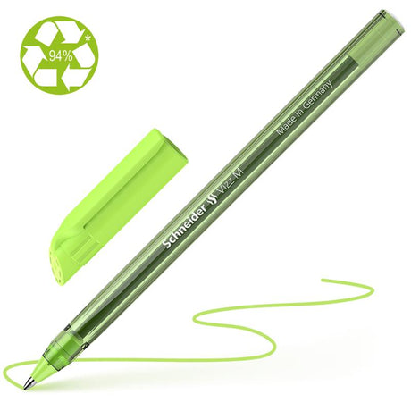 Schneider Vizz Ballpoint Pen in light green, featuring Gelco technology and a durable stainless steel tip for smooth writing.