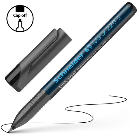 Black Schneider Maxx Superfine 220 permanent marker with 0.4 mm tip for precise writing on various surfaces.