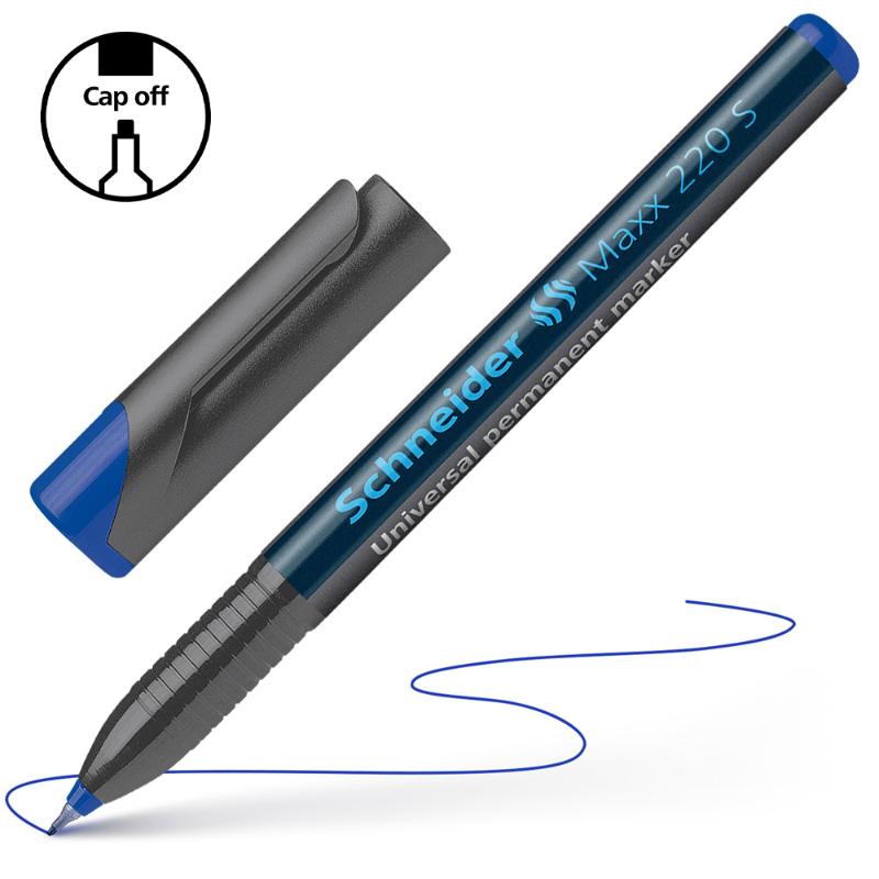 Schneider Maxx Superfine 220 Blue permanent marker with ultra-fine 0.4 mm tip, ideal for precise marking on various surfaces.