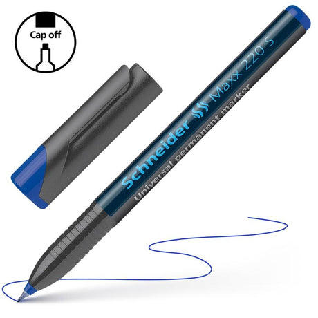 Schneider Maxx Superfine 220 Blue permanent marker with ultra-fine 0.4 mm tip, ideal for precise marking on various surfaces.