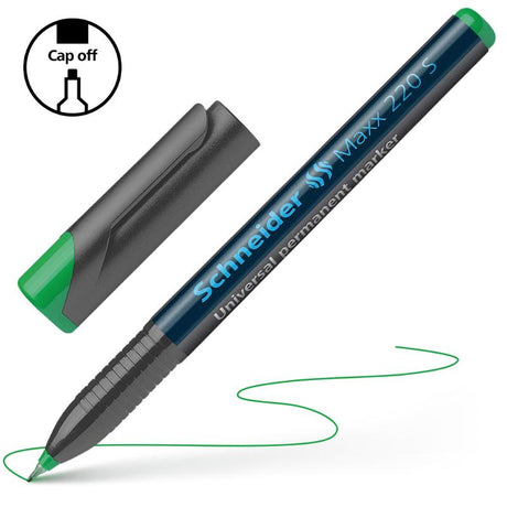 Schneider Maxx 220 Green permanent marker with 0.4 mm superfine tip for precise writing on various surfaces.