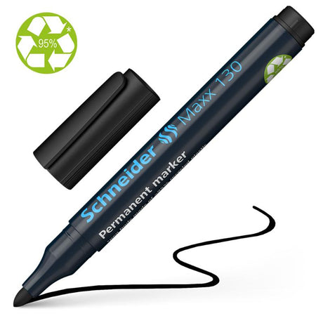 Schneider Maxx 130 Black permanent marker with bullet tip for versatile marking on various surfaces, eco-friendly and refillable.
