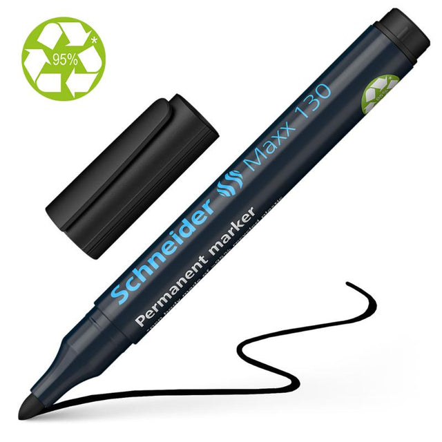 Schneider Maxx 130 Black permanent marker with bullet tip for versatile marking on various surfaces, eco-friendly and refillable.