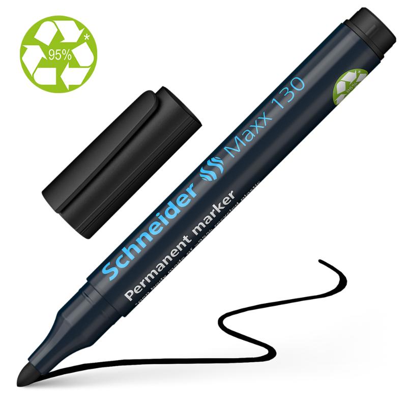 Schneider Maxx 130 black permanent marker with versatile bullet tip, quick-drying ink, eco-friendly design, ideal for various surfaces.