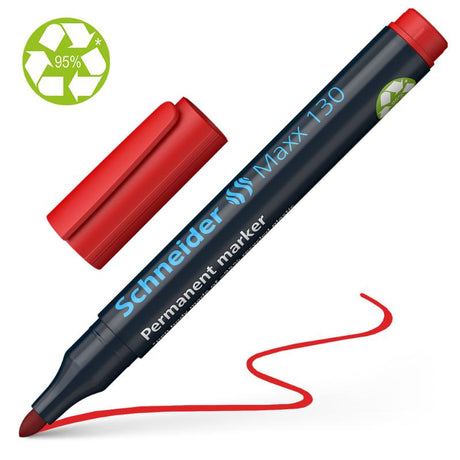 Red Schneider Maxx 130 permanent marker with bullet tip for versatile writing on multiple surfaces, quick-drying and eco-friendly.