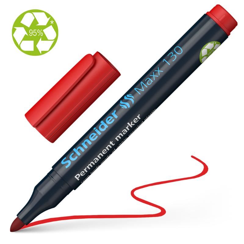 Red Schneider Maxx 130 permanent marker with bullet tip, ideal for various surfaces, quick-drying and eco-friendly.