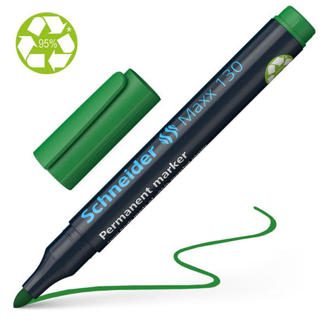 Schneider Maxx 130 Green permanent marker with bullet tip, ideal for various surfaces and eco-friendly design.