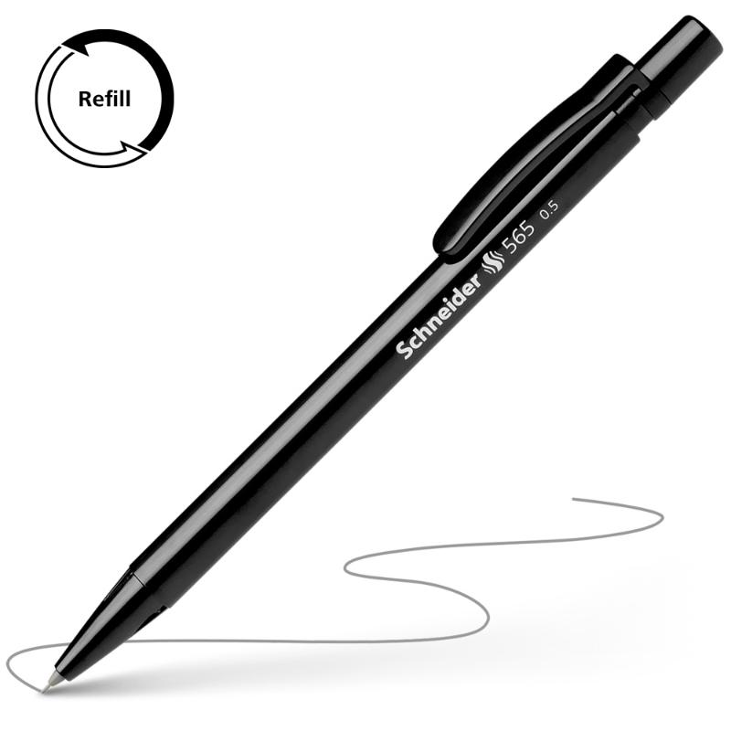 Schneider Mechanical Pencil 565 with retractable 0.5mm lead, integrated eraser, and slim black design for precision writing.