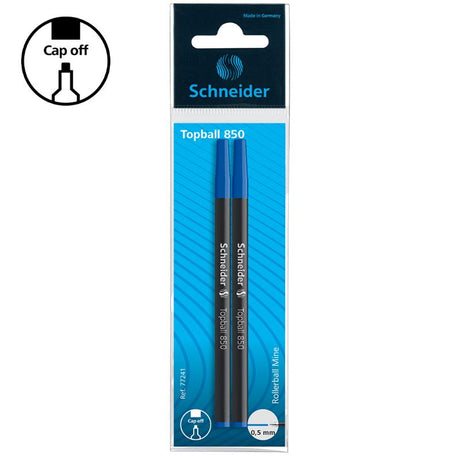 Schneider Pen Refill Rollerball 850 in blue, 0.5mm line width, two-pack for smooth, reliable writing.