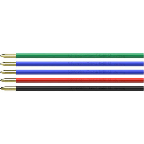 Schneider Take 4 assorted refills in blue, black, red, and green; smooth, waterproof ink for effortless writing.