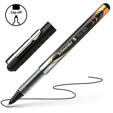 Schneider Rollerball Xtra 805: 0.5mm black pen with smooth ink flow, stainless steel tip, and cap-off technology for durability.
