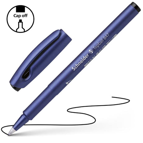 Schneider Rollerball Topball 847 in black, featuring a 0.5mm tip for smooth, precise writing without drying out.