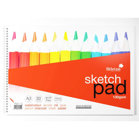 Silvine A3+ sketch pad with twin wire binding, 130gsm acid-free paper, 30 sheets for drawing and watercolors.