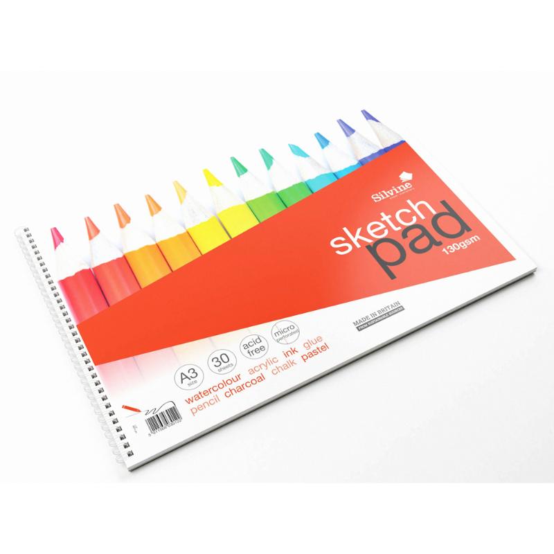 Silvine A3+ Sketch Pad with 30 sheets of 130gsm acid-free paper, ideal for sketching and drawing with twin wire binding.