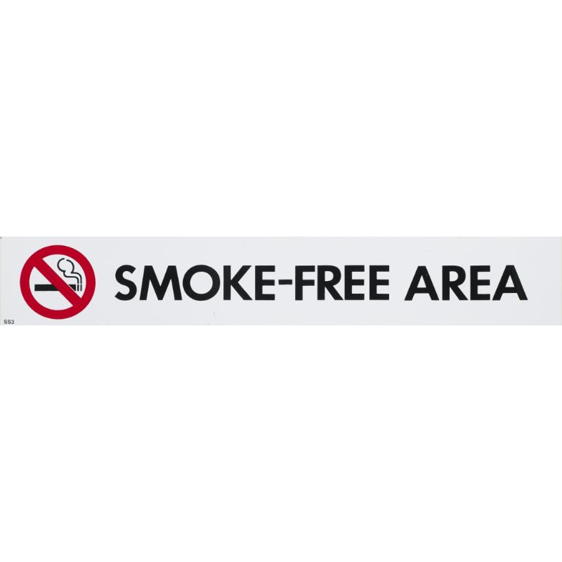 Self-adhesive smoke-free area sign, 55x330mm, durable for indoor/outdoor use, promotes healthy no-smoking policy.