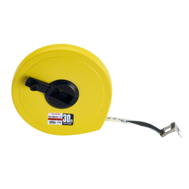 Tajima Symron-S enclosed reel tape measure, 30m long, 13mm wide, durable design for precise measurements.