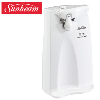 Sleek white Sunbeam Automatic Can Opener with stainless steel blade and built-in knife sharpener for effortless can opening.
