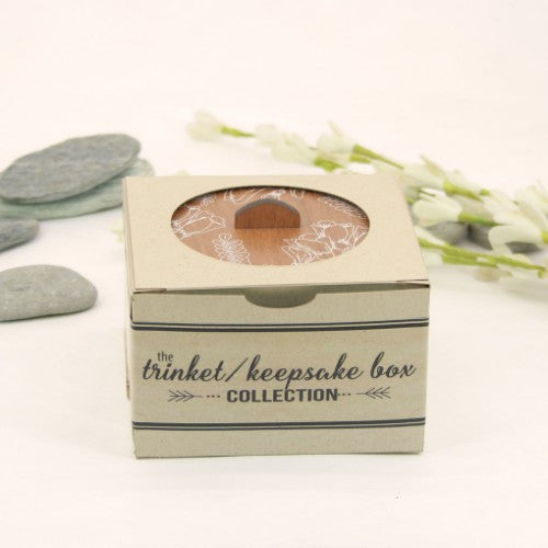 Elegant round trinket box made from NZ Beech veneer, featuring a unique fantasized design, perfect for jewelry and keepsakes.
