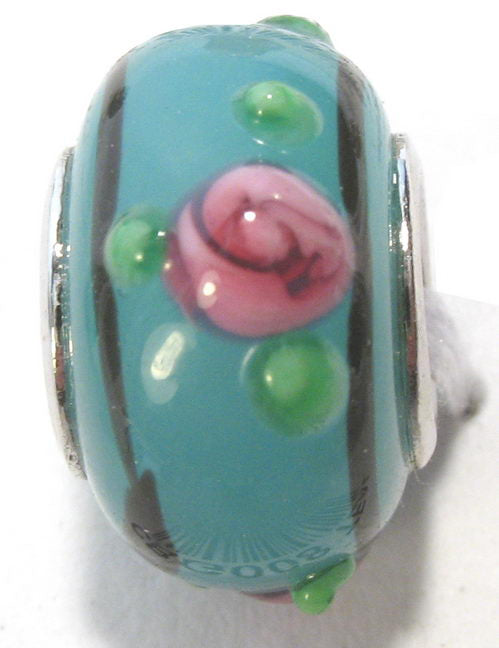 Bead - Teal with Pink Flower 4pcs/Bag - Teal