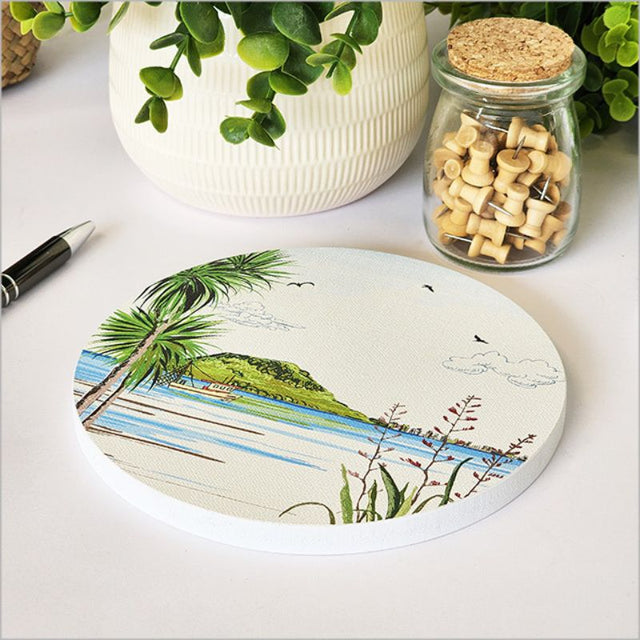 Canvas circle wall art featuring Mount Maunganui's stunning scenery, perfect focal point for any room.