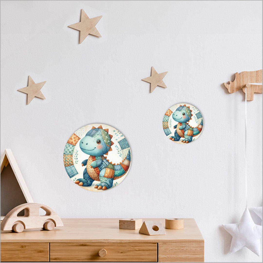 Colorful patchwork dinosaur canvas circle, 150mm diameter, perfect for children's room decor and easy to hang.