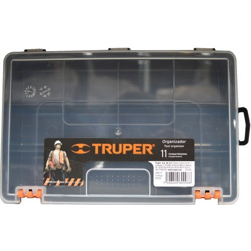 Truper Plastic Organizer with 11 compartments, transparent cover for easy visibility, perfect for small accessories storage.