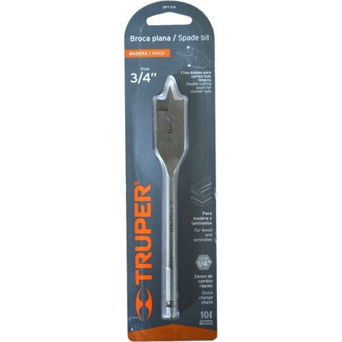Truper 3/4" spade bit made of high carbon steel, designed for clean, accurate drilling in wood and plastic.