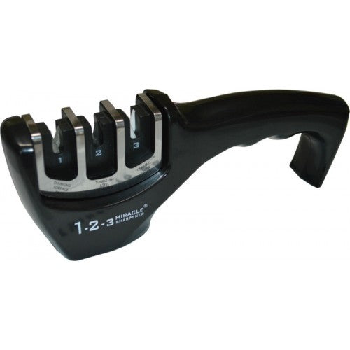1-2-3 Miracle Knife Sharpener in a colorful box with three-stage sharpening system for effortless knife maintenance.