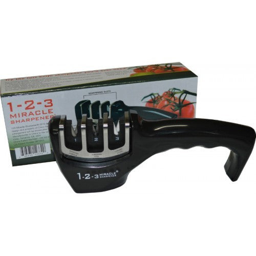 1-2-3 Miracle Knife Sharpener with three-stage system for easy, effective knife sharpening in a vibrant color box.