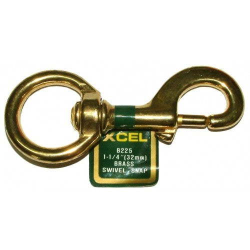 Brass snap hook with swivel eye, 1-1/4 inch, ideal for versatile fastening and secure connections.