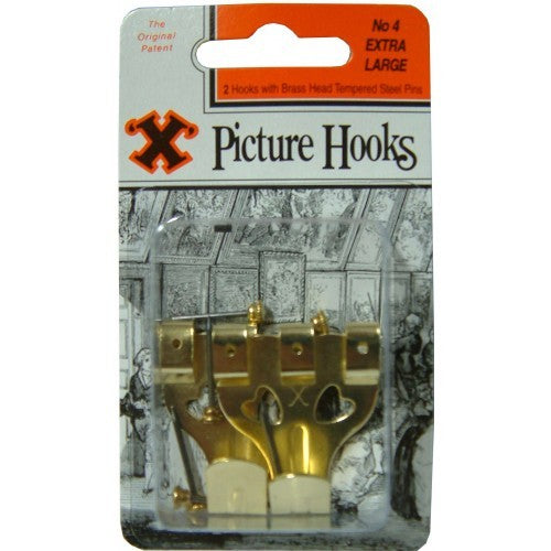Heavy-duty brass-plated picture hooks for secure wall decor, ideal for frames and artwork, pack of two.